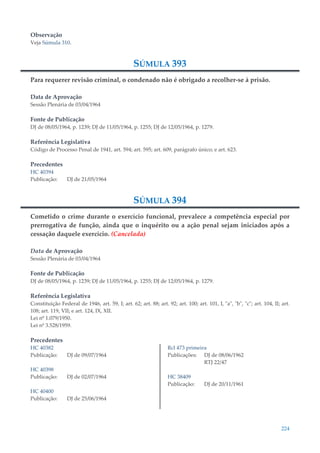 224
Observação
Veja Súmula 310.
SÚMULA 393
Para requerer revisão criminal, o condenado não é obrigado a recolher-se à prisão.
Data de Aprovação
Sessão Plenária de 03/04/1964
Fonte de Publicação
DJ de 08/05/1964, p. 1239; DJ de 11/05/1964, p. 1255; DJ de 12/05/1964, p. 1279.
Referência Legislativa
Código de Processo Penal de 1941, art. 594; art. 595; art. 609, parágrafo único; e art. 623.
Precedentes
HC 40394
Publicação: DJ de 21/05/1964
SÚMULA 394
Cometido o crime durante o exercício funcional, prevalece a competência especial por
prerrogativa de função, ainda que o inquérito ou a ação penal sejam iniciados após a
cessação daquele exercício. (Cancelada)
Data de Aprovação
Sessão Plenária de 03/04/1964
Fonte de Publicação
DJ de 08/05/1964, p. 1239; DJ de 11/05/1964, p. 1255; DJ de 12/05/1964, p. 1279.
Referência Legislativa
Constituição Federal de 1946, art. 59, I; art. 62; art. 88; art. 92; art. 100; art. 101, I, "a", "b", "c"; art. 104, II; art.
108; art. 119, VII; e art. 124, IX, XII.
Lei nº 1.079/1950.
Lei nº 3.528/1959.
Precedentes
HC 40382
Publicação: DJ de 09/07/1964
HC 40398
Publicação: DJ de 02/07/1964
HC 40400
Publicação: DJ de 25/06/1964
Rcl 473 primeira
Publicações: DJ de 08/06/1962
RTJ 22/47
HC 38409
Publicação: DJ de 20/11/1961
 