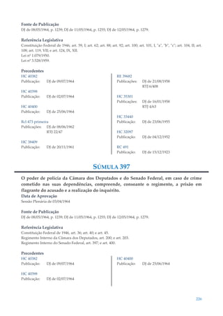 226
Fonte de Publicação
DJ de 08/05/1964, p. 1239; DJ de 11/05/1964, p. 1255; DJ de 12/05/1964, p. 1279.
Referência Legislativa
Constituição Federal de 1946, art. 59, I; art. 62; art. 88; art. 92; art. 100; art. 101, I, "a", "b", "c"; art. 104, II; art.
108; art. 119, VII; e art. 124, IX, XII.
Lei nº 1.079/1950.
Lei nº 3.528/1959.
Precedentes
HC 40382
Publicação: DJ de 09/07/1964
HC 40398
Publicação: DJ de 02/07/1964
HC 40400
Publicação: DJ de 25/06/1964
Rcl 473 primeira
Publicações: DJ de 08/06/1962
RTJ 22/47
HC 38409
Publicação: DJ de 20/11/1961
RE 39682
Publicações: DJ de 21/08/1958
RTJ 6/408
HC 35301
Publicações: DJ de 16/01/1958
RTJ 4/63
HC 33440
Publicação: DJ de 23/06/1955
HC 32097
Publicação: DJ de 04/12/1952
RC 491
Publicação: DJ de 15/12/1923
SÚMULA 397
O poder de polícia da Câmara dos Deputados e do Senado Federal, em caso de crime
cometido nas suas dependências, compreende, consoante o regimento, a prisão em
flagrante do acusado e a realização do inquérito.
Data de Aprovação
Sessão Plenária de 03/04/1964
Fonte de Publicação
DJ de 08/05/1964, p. 1239; DJ de 11/05/1964, p. 1255; DJ de 12/05/1964, p. 1279.
Referência Legislativa
Constituição Federal de 1946, art. 36; art. 40; e art. 45.
Regimento Interno da Câmara dos Deputados, art. 200; e art. 203.
Regimento Interno do Senado Federal, art. 397; e art. 400.
Precedentes
HC 40382
Publicação: DJ de 09/07/1964
HC 40398
Publicação: DJ de 02/07/1964
HC 40400
Publicação: DJ de 25/06/1964
 