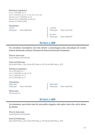232
Referência Legislativa
Lei nº 1.156/1950, art. 1º.
Lei nº 1.316/1951, art. 2º, "b"; art. 167; e art. 168.
Decreto-Lei nº 3.759/1941, art. 67.
Decreto-Lei nº 9.698/1946, art. 99, § 2º.
Decreto nº 10.490-A/1942.
Precedentes
AR 532
Publicação: DJ de 09/04/1964
AI 29949
Publicação: DJ de 14/11/1963
RE 30762
Publicação: DJ de 22/08/1957
SÚMULA 408
Os servidores fazendários não têm direito a percentagem pela arrecadação de receita
federal destinada ao Banco Nacional de Desenvolvimento Econômico.
Data de Aprovação
Sessão Plenária de 01/06/1964
Fonte de Publicação
DJ de 06/07/1964, p. 2181; DJ de 07/07/1964, p. 2197; DJ de 08/07/1964, p. 2237.
Referência Legislativa
Lei nº 455/1948, art. 1º.
Lei nº 1.293/1950, art. 49; art. 50.
Lei nº 1.474/1951, art. 3º.
Lei nº 2.973/1956, art. 7º.
Precedentes
RMS 12985
Publicação: DJ de 11/06/1964
RMS 10809
Publicação: DJ de 14/05/1964
Observação
Veja Súmula 30.
SÚMULA 409
Ao retomante, que tenha mais de um prédio alugado, cabe optar entre eles, salvo abuso
de direito.
Data de Aprovação
Sessão Plenária de 01/06/1964
Fonte de Publicação
DJ de 06/07/1964, p. 2181; DJ de 07/07/1964, p. 2197; DJ de 08/07/1964, p. 2237.
 