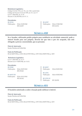 233
Referência Legislativa
Código Civil de 1916, art. 76; e art. 160, I, parte final.
Código de Processo Civil de 1939, art. 2º; e art. 3º.
Lei nº 1.300/1950, art. 15, II.
Decreto nº 24.150/1934, art. 8º, "e".
Precedentes
RE 45194
Publicações: DJ de 21/09/1960
RTJ 14/257
RE 42397
Publicações: DJ de 17/08/1960
RTJ 14/312
SÚMULA 410
Se o locador, utilizando prédio próprio para residência ou atividade comercial, pede o
imóvel locado para uso próprio, diverso do que tem o por ele ocupado, não está
obrigado a provar a necessidade, que se presume.
Data de Aprovação
Sessão Plenária de 01/06/1964
Fonte de Publicação
DJ de 06/07/1964, p. 2181; DJ de 07/07/1964, p. 2197; DJ de 08/07/1964, p. 2237.
Referência Legislativa
Lei nº 1.300/1950, art. 15, V.
Decreto-Lei nº 9.669/1946, art. 18, II.
Precedentes
RE 52940
Publicações: DJ de 25/07/1963
RTJ 29/443
RE 48537 ED
Publicações: DJ de 16/11/1962
RTJ 24/162
RE 48537
Publicação: DJ de 03/05/1962
RE 12701
Publicação: DJ de 03/05/1962
RE 12701 EI
Publicação: RF 124/392
SÚMULA 411
O locatário autorizado a ceder a locação pode sublocar o imóvel.
Data de Aprovação
Sessão Plenária de 01/06/1964
Fonte de Publicação
DJ de 06/07/1964, p. 2181; DJ de 07/07/1964, p. 2197; DJ de 08/07/1964, p. 2237.
 