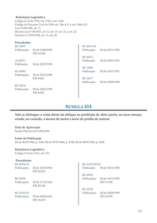 235
Referência Legislativa
Código Civil de 1916, art. 1122; e art. 1126.
Código de Processo Civil de 1939, art. 346, § 1º; e art. 1006, § 2º.
Lei nº 649/1949, art. 1º.
Decreto-Lei nº 58/1937, art 11; art. 16; art. 21; e art. 22.
Decreto nº 3.079/1938, art. 11; art. 22.
Precedentes
RE 38297
Publicações: DJ de 13/08/1959
RTJ 10/383
AI 20553
Publicação: DJ de 23/07/1959
RE 40983
Publicações: DJ de 22/01/1959
RTJ 8/265
RE 38436
Publicações: DJ de 29/01/1959
RTJ 8/235
RE 26411 EI
Publicação: DJ de 29/11/1956
RE 26411
Publicação: DJ de 20/01/1955
RE 15868
Publicação: DJ de 10/11/1951
RE 16677
Publicação: DJ de 03/08/1950
SÚMULA 414
Não se distingue a visão direta da oblíqua na proibição de abrir janela, ou fazer terraço,
eirado, ou varanda, a menos de metro e meio do prédio de outrem.
Data de Aprovação
Sessão Plenária de 01/06/1964
Fonte de Publicação
DJ de 06/07/1964, p. 2182; DJ de 07/07/1964, p. 2198; DJ de 08/07/1964, p. 2238.
Referência Legislativa
Código Civil de 1916, art. 573.
Precedentes
RE 49556 EI
Publicações: DJ de 10/10/1963
RTJ 30/233
RE 49556
Publicações: DJ de 17/12/1962
RTJ 26/169
RE 43102 EI
Publicações: DJ de 08/06/1961
RTJ 18/215
RE 41333 ED-EI
Publicação: DJ de 30/11/1960
RE 43102
Publicações: DJ de 19/11/1959
RTJ 11/356
RE 41333
Publicações: DJ de 24/09/1959
RTJ 10/576
 