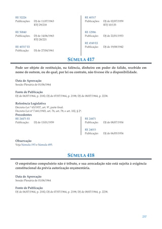 237
RE 52226
Publicações: DJ de 11/07/1963
RTJ 29/218
RE 50840
Publicações: DJ de 14/06/1963
RTJ 28/221
RE 40317 EI
Publicação: DJ de 27/04/1961
RE 40317
Publicações: DJ de 02/07/1959
RTJ 10/135
RE 12986
Publicação: DJ de 22/01/1953
RE 4549 EI
Publicação: DJ de 19/08/1942
SÚMULA 417
Pode ser objeto de restituição, na falência, dinheiro em poder do falido, recebido em
nome de outrem, ou do qual, por lei ou contrato, não tivesse êle a disponibilidade.
Data de Aprovação
Sessão Plenária de 01/06/1964
Fonte de Publicação
DJ de 06/07/1964, p. 2182; DJ de 07/07/1964, p. 2198; DJ de 08/07/1964, p. 2238.
Referência Legislativa
Decreto-Lei º 65/1937, art. 9º, parte final.
Decreto-Lei nº 7.661/1945, art. 76; art. 78; e art. 102, § 2º.
Precedentes
RE 24471 EI
Publicação: DJ de 15/01/1959
RE 24471
Publicação: DJ de 08/07/1954
RE 24015
Publicação: DJ de 06/05/1954
Observação
Veja Súmula 193 e Súmula 495.
SÚMULA 418
O empréstimo compulsório não é tributo, e sua arrecadação não está sujeita à exigência
constitucional da prévia autorização orçamentária.
Data de Aprovação
Sessão Plenária de 01/06/1964
Fonte de Publicação
DJ de 06/07/1964, p. 2182; DJ de 07/07/1964, p. 2198; DJ de 08/07/1964, p. 2238.
 