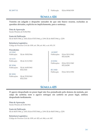241
RE 28977 EI Publicação: DJ de 09/04/1959
SÚMULA 424
Transita em julgado o despacho saneador de que não houve recurso, excluídas as
questões deixadas, explícita ou implicitamente, para a sentença.
Data de Aprovação
Sessão Plenária de 01/06/1964
Fonte de Publicação
DJ de 06/07/1964, p. 2183; DJ de 07/07/1964, p. 2199; DJ de 08/07/1964, p. 2239.
Referência Legislativa
Código de Processo Civil de 1939, art. 294; art. 841; e art. 851, IV.
Precedentes
AI 11262
Publicação: DJ de 19/03/1964
AI 11131
Publicação: DJ de 21/11/1963
RE 50346
Publicações: DJ de 16/05/1963
RTJ 27/65
RE 50301
Publicações: DJ de 27/03/1963
RTJ 27/65
AI 28207
Publicações: DJ de 29/11/1962
RTJ 24/296
AI 26566
Publicações: DJ de 29/11/1962
RTJ 24/290
RE 15828
Publicação: DJ de 30/11/1950
SÚMULA 425
O agravo despachado no prazo legal não fica prejudicado pela demora da juntada, por
culpa do cartório; nem o agravo entregue em cartório no prazo legal, embora
despachado tardiamente.
Data de Aprovação
Sessão Plenária de 01/06/1964
Fonte de Publicação
DJ de 06/07/1964, p. 2183; DJ de 07/07/1964, p. 2199; DJ de 08/07/1964, p. 2239.
Referência Legislativa
Código de Processo Civil de 1939, art. 823; art. 844; e art. 847.
 