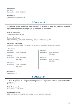 242
Precedentes
RE 54770
Publicação: DJ de 17/12/1963
Observação
Veja Súmula 320 e Súmula 428.
SÚMULA 426
A falta do termo específico não prejudica o agravo no auto do processo, quando
oportuna a interposição por petição ou no têrmo da audiência.
Data de Aprovação
Sessão Plenária de 01/06/1964
Fonte de Publicação
DJ de 06/07/1964, p. 2183; DJ de 07/07/1964, p. 2199; DJ de 08/07/1964, p. 2239.
Referência Legislativa
Código de Processo Civil de 1939, art. 273, III; art. 277; art. 808, III; art. 841; art. 851; e art. 852.
Precedentes
RE 29190
Publicação: DJ de 30/04/1964
RE 51731
Publicações: DJ de 25/07/1963
RTJ 29/418
RE 49164 EI
Publicações: DJ de 30/05/1963
RTJ 28/79
RE 49164
Publicações: DJ de 24/05/1962
RTJ 22/326
RE 45125 EI
Publicações: DJ de 29/11/1962
RTJ 24/315
Observação
Veja Súmula 427.
SÚMULA 427
A falta de petição de interposição não prejudica o agravo no auto do processo tomado
por têrmo.
Data de Aprovação
Sessão Plenária de 01/06/1964
Fonte de Publicação
DJ de 06/07/1964, p. 2183; DJ de 07/07/1964, p. 2199; DJ de 08/07/1964, p. 2239.
 