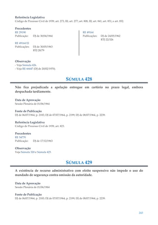 243
Referência Legislativa
Código de Processo Civil de 1939, art. 273, III; art. 277; art. 808, III; art. 841; art. 851; e art. 852.
Precedentes
RE 29190
Publicação: DJ de 30/04/1964
RE 49164 EI
Publicações: DJ de 30/05/1963
RTJ 28/79
RE 49164
Publicações: DJ de 24/05/1962
RTJ 22/326
Observação
- Veja Súmula 426.
- Veja RE 66447 (DJ de 20/02/1970).
SÚMULA 428
Não fica prejudicada a apelação entregue em cartório no prazo legal, embora
despachada tardiamente.
Data de Aprovação
Sessão Plenária de 01/06/1964
Fonte de Publicação
DJ de 06/07/1964, p. 2183; DJ de 07/07/1964, p. 2199; DJ de 08/07/1964, p. 2239.
Referência Legislativa
Código de Processo Civil de 1939, art. 823.
Precedentes
RE 54770
Publicação: DJ de 17/12/1963
Observação
Veja Súmula 320 e Súmula 425.
SÚMULA 429
A existência de recurso administrativo com efeito suspensivo não impede o uso do
mandado de segurança contra omissão da autoridade.
Data de Aprovação
Sessão Plenária de 01/06/1964
Fonte de Publicação
DJ de 06/07/1964, p. 2183; DJ de 07/07/1964, p. 2199; DJ de 08/07/1964, p. 2239.
 