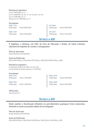 248
Referência Legislativa
Lei nº 2.993/1956, art. 1º.
Lei nº 3.244/1957, art. 42, "b"; art. 62, § 2º; e art. 66.
Lei nº 3.768/1960, art. 1º.
Decreto-Lei nº 300/1938, art. 1º.
Precedentes
RMS 11726
Publicação: DJ de 02/07/1964
RMS 11760
Publicação: DJ de 21/05/1964
RE 54468
Publicação: DJ de 05/03/1964
RE 54475
Publicação: DJ de 17/12/1963
SÚMULA 438
É ilegítima a cobrança, em 1962, da Taxa de Educação e Saúde, de Santa Catarina,
adicional do impôsto de vendas e consignações.
Data de Aprovação
Sessão Plenária de 01/06/1964
Fonte de Publicação
DJ de 06/07/1964, p. 2184; DJ de 07/07/1964, p. 2200; DJ de 08/07/1964, p. 2240.
Referência Legislativa
Constituição Federal de 1946, art. 141, § 34.
Lei do Estado de Santa Catarina nº 3.123/1962.
Precedentes
RMS 12575
Publicação: DJ de 11/06/1964
RMS 13052
Publicação: DJ de 11/06/1964
RMS 12258
Publicação: DJ de 11/06/1964
RMS 12408
Publicação: DJ de 11/06/1964
Observação
Veja Súmula 67.
SÚMULA 439
Estão sujeitos à fiscalização tributária ou previdenciária quaisquer livros comerciais,
limitado o exame aos pontos objeto da investigação.
Data de Aprovação
Sessão Plenária de 01/10/1964
Fonte de Publicação
DJ de 08/10/1964, p. 3645; DJ de 09/10/1964, p. 3665; DJ de 12/10/1964, p. 3697.
 