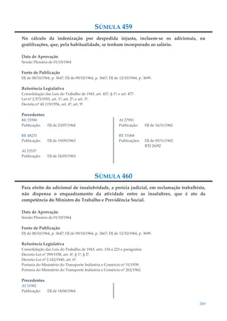 260
SÚMULA 459
No cálculo da indenização por despedida injusta, incluem-se os adicionais, ou
gratificações, que, pela habitualidade, se tenham incorporado ao salário.
Data de Aprovação
Sessão Plenária de 01/10/1964
Fonte de Publicação
DJ de 08/10/1964, p. 3647; DJ de 09/10/1964, p. 3667; DJ de 12/10/1964, p. 3699.
Referência Legislativa
Consolidação das Leis do Trabalho de 1943, art. 457, § 1º; e art. 477.
Lei nº 2.573/1955, art. 1º; art. 2º; e art. 3º.
Decreto nº 40.119/1956, art. 4º; art. 9º.
Precedentes
RE 55590
Publicação: DJ de 23/07/1964
RE 48231
Publicação: DJ de 19/09/1963
AI 25537
Publicação: DJ de 24/05/1963
AI 27993
Publicação: DJ de 16/11/1962
RE 51068
Publicações: DJ de 05/11/1962
RTJ 24/82
SÚMULA 460
Para efeito do adicional de insalubridade, a perícia judicial, em reclamação trabalhista,
não dispensa o enquadramento da atividade entre as insalubres, que é ato da
competência do Ministro do Trabalho e Previdência Social.
Data de Aprovação
Sessão Plenária de 01/10/1964
Fonte de Publicação
DJ de 08/10/1964, p. 3647; DJ de 09/10/1964, p. 3667; DJ de 12/10/1964, p. 3699.
Referência Legislativa
Consolidação das Leis do Trabalho de 1943, arts. 154 a 223 e parágrafos.
Decreto-Lei nº 399/1938, art. 4º, § 1º, § 2º.
Decreto-Lei nº 2.162/1940, art. 6º.
Portaria do Ministério do Transporte Indústria e Comércio nº 51/1939.
Portaria do Ministério do Transporte Indústria e Comércio nº 262/1962.
Precedentes
AI 31982
Publicação: DJ de 18/06/1964
 