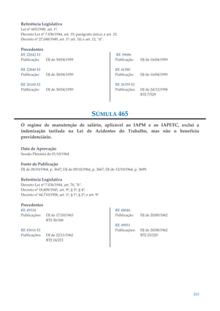 263
Referência Legislativa
Lei nº 605/1949, art. 1º.
Decreto-Lei nº 7.036/1944, art. 19, parágrafo único; e art. 33.
Decreto nº 27.048/1949, art. 1º; art. 10; e art. 12, "d".
Precedentes
RE 22642 EI
Publicação: DJ de 30/04/1959
RE 22840 EI
Publicação: DJ de 30/04/1959
RE 26160 EI
Publicação: DJ de 30/04/1959
RE 39686
Publicação: DJ de 16/04/1959
RE 41380
Publicação: DJ de 16/04/1959
RE 26359 EI
Publicações: DJ de 24/12/1958
RTJ 7/529
SÚMULA 465
O regime de manutenção de salário, aplicável ao IAPM e ao IAPETC, exclui a
indenização tarifada na Lei de Acidentes do Trabalho, mas não o benefício
previdenciário.
Data de Aprovação
Sessão Plenária de 01/10/1964
Fonte de Publicação
DJ de 08/10/1964, p. 3647; DJ de 09/10/1964, p. 3667; DJ de 12/10/1964, p. 3699.
Referência Legislativa
Decreto-Lei nº 7.036/1944, art. 76, "b".
Decreto nº 18.809/1945, art. 9º, § 3º, § 4º.
Decreto nº 44.710/1958, art. 1º, § 1º, § 2º; e art. 9º.
Precedentes
RE 49334
Publicações: DJ de 17/10/1963
RTJ 30/348
RE 45616 EI
Publicações: DJ de 22/11/1962
RTJ 24/221
RE 48046
Publicação: DJ de 20/09/1962
RE 49051
Publicações: DJ de 20/08/1962
RTJ 25/220
 