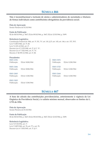 264
SÚMULA 466
Não é inconstitucional a inclusão de sócios e administradores de sociedades e titulares
de firmas individuais como contribuintes obrigatórios da previdência social.
Data de Aprovação
Sessão Plenária de 01/10/1964
Fonte de Publicação
DJ de 08/10/1964, p. 3647; DJ de 09/10/1964, p. 3667; DJ de 12/10/1964, p. 3699.
Referência Legislativa
Constituição Federal de 1946, art. 5º, XV, "b"; art. 141, § 2º; art. 145; art. 146; e art. 157, XVI.
Lei nº 3.087/1960, art. 5º, III.
Lei nº 4.103-A/1962, art. 2º.
Decreto-Lei nº 2.122/1940, art. 2º, § 1º, "b".
Decreto-Lei nº 7.526/1945, art. 5º, "b".
Decreto nº 48.959-A/1960, art. 6º, III.
Precedentes
RMS 12356
Publicação: DJ de 18/06/1964
RMS 13686
Publicação: DJ de 18/06/1964
RMS 12805
Publicação: DJ de 11/06/1964
RMS 13003
Publicação: DJ de 11/06/1964
RMS 13076
Publicação: DJ de 11/06/1964
RMS 13720
Publicação: DJ de 11/06/1964
RMS 12444
Publicação: DJ de 11/06/1964
SÚMULA 467
A base do cálculo das contribuições previdenciárias, anteriormente à vigência da Lei
Orgânica da Previdência Social, é o salário mínimo mensal, observados os limites da L.
2.755 de 1956.
Data de Aprovação
Sessão Plenária de 01/10/1964
Fonte de Publicação
DJ de 08/10/1964, p. 3647; DJ de 09/10/1964, p. 3667; DJ de 12/10/1964, p. 3699.
Referência Legislativa
Lei nº 27.55/1956, art. 1º.
Lei nº 3.807/1960, art. 76; art. 77; e art. 78.
Decreto-Lei nº 7.835/1945, art. 3º, § 1º.
 