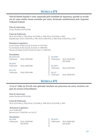 269
SÚMULA 474
Não há direito líquido e certo, amparado pelo mandado de segurança, quando se escuda
em lei cujos efeitos foram anulados por outra, declarada constitucional pelo Supremo
Tribunal Federal.
Data de Aprovação
Sessão Plenária de 03/12/1969
Fonte de Publicação
DJ de 10/12/1969, p. 5929; DJ de 11/12/1969, p. 5945; DJ de 12/12/1969, p. 5993.
Republicação: DJ de 11/06/1970, p. 2381; DJ de 12/06/1970, p. 2405; DJ de 15/06/1970, p. 2437.
Referência Legislativa
Lei do Estado do Rio Grande do Norte nº 2.677/1961.
Lei do Estado do Rio Grande do Norte nº 2.800/1962.
Decreto do Estado do Rio Grande do Norte nº 3.806/1961.
Precedentes
RE 61057 EDv
Publicação: DJ de 23/05/1969
RE 64525
Publicação: DJ de 28/06/1968
RE 61195
Publicação: DJ de 22/03/1968
RE 60483
Publicações: DJ de 22/03/1968
RTJ 44/604
RE 48655
Publicação: DJ de 16/07/1964
Rp 512
Publicação: DJ de 29/08/1963
SÚMULA 475
A Lei nº 4.686, de 21-6-65, tem aplicação imediata aos processos em curso, inclusive em
grau de recurso extraordinário.
Data de Aprovação
Sessão Plenária de 03/12/1969
Fonte de Publicação
DJ de 10/12/1969, p. 5929; DJ de 11/12/1969, p. 5945; DJ de 12/12/1969, p. 5993.
Referência Legislativa
Lei nº 4.686/1965.
Decreto-Lei nº 3.365/1941, art. 26, § 2º.
Precedentes
RE 63268
Publicações: DJ de 23/08/1968
RTJ 45/795
RE 63318
Publicações: DJ de 28/06/1968
RTJ 46/205
 