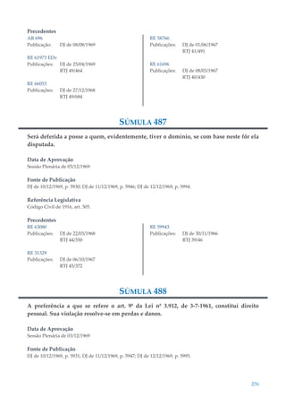 276
Precedentes
AR 696
Publicação: DJ de 08/08/1969
RE 61973 EDv
Publicações: DJ de 25/04/1969
RTJ 49/464
RE 66053
Publicações: DJ de 27/12/1968
RTJ 49/684
RE 58766
Publicações: DJ de 01/06/1967
RTJ 41/491
RE 61696
Publicações: DJ de 08/03/1967
RTJ 40/430
SÚMULA 487
Será deferida a posse a quem, evidentemente, tiver o domínio, se com base neste fôr ela
disputada.
Data de Aprovação
Sessão Plenária de 03/12/1969
Fonte de Publicação
DJ de 10/12/1969, p. 5930; DJ de 11/12/1969, p. 5946; DJ de 12/12/1969, p. 5994.
Referência Legislativa
Código Civil de 1916, art. 505.
Precedentes
RE 63080
Publicações: DJ de 22/03/1968
RTJ 44/350
RE 31329
Publicações: DJ de 06/10/1967
RTJ 45/372
RE 59943
Publicações: DJ de 30/11/1966
RTJ 39/46
SÚMULA 488
A preferência a que se refere o art. 9º da Lei nº 3.912, de 3-7-1961, constitui direito
pessoal. Sua violação resolve-se em perdas e danos.
Data de Aprovação
Sessão Plenária de 03/12/1969
Fonte de Publicação
DJ de 10/12/1969, p. 5931; DJ de 11/12/1969, p. 5947; DJ de 12/12/1969, p. 5995.
 