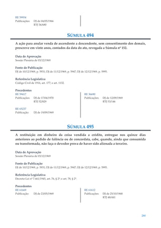 280
RE 59954
Publicações: DJ de 04/05/1966
RTJ 36/680
SÚMULA 494
A ação para anular venda de ascendente a descendente, sem consentimento dos demais,
prescreve em vinte anos, contados da data do ato, revogada a Súmula nº 152.
Data de Aprovação
Sessão Plenária de 03/12/1969
Fonte de Publicação
DJ de 10/12/1969, p. 5931; DJ de 11/12/1969, p. 5947; DJ de 12/12/1969, p. 5995.
Referência Legislativa
Código Civil de 1916, art. 177; e art. 1132.
Precedentes
RE 59417
Publicações: DJ de 17/04/1970
RTJ 52/829
RE 65237
Publicação: DJ de 19/09/1969
RE 36690
Publicações: DJ de 12/09/1969
RTJ 53/146
SÚMULA 495
A restituição em dinheiro da coisa vendida a crédito, entregue nos quinze dias
anteriores ao pedido de falência ou de concordata, cabe, quando, ainda que consumida
ou transformada, não faça o devedor prova de haver sido alienada a terceiro.
Data de Aprovação
Sessão Plenária de 03/12/1969
Fonte de Publicação
DJ de 10/12/1969, p. 5931; DJ de 11/12/1969, p. 5947; DJ de 12/12/1969, p. 5995.
Referência Legislativa
Decreto-Lei nº 7.661/1945, art. 76, § 2º; e art. 78, § 2º.
Precedentes
RE 61669
Publicação: DJ de 23/05/1969
RE 61612
Publicações: DJ de 25/10/1968
RTJ 48/441
 