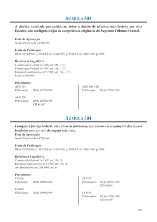 285
SÚMULA 503
A dúvida, suscitada por particular, sôbre o direito de tributar, manifestado por dois
Estados, não configura litígio da competência originária do Supremo Tribunal Federal.
Data de Aprovação
Sessão Plenária de 03/12/1969
Fonte de Publicação
DJ de 10/12/1969, p. 5932; DJ de 11/12/1969, p. 5948; DJ de 12/12/1969, p. 5996.
Referência Legislativa
Constituição Federal de 1946, art. 101, I, "e".
Constituição Federal de 1967, art. 114, I, "d".
Emenda Constitucional nº 1/1969, art. 119, I, "d".
Lei nº 4.299/1963.
Precedentes
ACO 154
Publicação: DJ de 05/12/1969
ACO 130
Publicações: DJ de 26/04/1968
RTJ 44/563
ACO 100 AgR
Publicação: DJ de 17/09/1964
SÚMULA 504
Compete à Justiça Federal, em ambas as instâncias, o processo e o julgamento das causas
fundadas em contrato de seguro marítimo.
Data de Aprovação
Sessão Plenária de 03/12/1969
Fonte de Publicação
DJ de 10/12/1969, p. 5932; DJ de 11/12/1969, p. 5948; DJ de 12/12/1969, p. 5996.
Referência Legislativa
Constituição Federal de 1967, art. 119, IX.
Emenda Constitucional nº 1/1969, art. 125, IX.
Ato Institucional nº 2 de 1965, art. 6º.
Precedentes
CJ 5006
Publicação: DJ de 08/08/1969
CJ 4982
Publicação: DJ de 09/06/1969
CJ 5033
Publicações: DJ de 05/05/1969
RTJ 49/647
CJ 4938
Publicações: DJ de 11/04/1969
RTJ 49/150
 