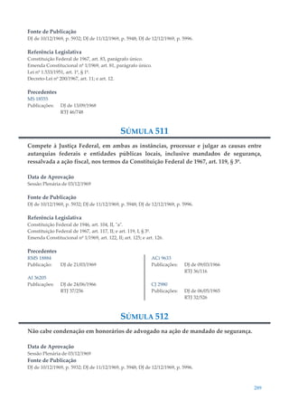 289
Fonte de Publicação
DJ de 10/12/1969, p. 5932; DJ de 11/12/1969, p. 5948; DJ de 12/12/1969, p. 5996.
Referência Legislativa
Constituição Federal de 1967, art. 83, parágrafo único.
Emenda Constitucional nº 1/1969, art. 81, parágrafo único.
Lei nº 1.533/1951, art. 1º, § 1º.
Decreto-Lei nº 200/1967, art. 11; e art. 12.
Precedentes
MS 18555
Publicações: DJ de 13/09/1968
RTJ 46/748
SÚMULA 511
Compete à Justiça Federal, em ambas as instâncias, processar e julgar as causas entre
autarquias federais e entidades públicas locais, inclusive mandados de segurança,
ressalvada a ação fiscal, nos termos da Constituição Federal de 1967, art. 119, § 3º.
Data de Aprovação
Sessão Plenária de 03/12/1969
Fonte de Publicação
DJ de 10/12/1969, p. 5932; DJ de 11/12/1969, p. 5948; DJ de 12/12/1969, p. 5996.
Referência Legislativa
Constituição Federal de 1946, art. 104, II, "a".
Constituição Federal de 1967, art. 117, II; e art. 119, I, § 3º.
Emenda Constitucional nº 1/1969, art. 122, II; art. 125; e art. 126.
Precedentes
RMS 18884
Publicação: DJ de 21/03/1969
AI 36205
Publicações: DJ de 24/06/1966
RTJ 37/256
ACi 9633
Publicações: DJ de 09/03/1966
RTJ 36/116
CJ 2980
Publicações: DJ de 06/05/1965
RTJ 32/526
SÚMULA 512
Não cabe condenação em honorários de advogado na ação de mandado de segurança.
Data de Aprovação
Sessão Plenária de 03/12/1969
Fonte de Publicação
DJ de 10/12/1969, p. 5932; DJ de 11/12/1969, p. 5948; DJ de 12/12/1969, p. 5996.
 