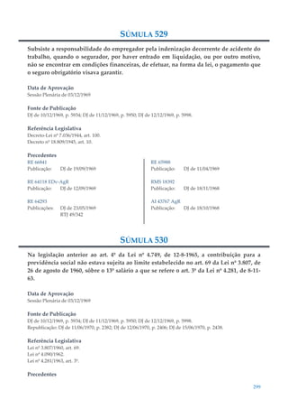 299
SÚMULA 529
Subsiste a responsabilidade do empregador pela indenização decorrente de acidente do
trabalho, quando o segurador, por haver entrado em liquidação, ou por outro motivo,
não se encontrar em condições financeiras, de efetuar, na forma da lei, o pagamento que
o seguro obrigatório visava garantir.
Data de Aprovação
Sessão Plenária de 03/12/1969
Fonte de Publicação
DJ de 10/12/1969, p. 5934; DJ de 11/12/1969, p. 5950; DJ de 12/12/1969, p. 5998.
Referência Legislativa
Decreto-Lei nº 7.036/1944, art. 100.
Decreto nº 18.809/1945, art. 10.
Precedentes
RE 66841
Publicação: DJ de 19/09/1969
RE 64118 EDv-AgR
Publicação: DJ de 12/09/1969
RE 64293
Publicações: DJ de 23/05/1969
RTJ 49/342
RE 65988
Publicação: DJ de 11/04/1969
RMS 18392
Publicação: DJ de 18/11/1968
AI 43767 AgR
Publicação: DJ de 18/10/1968
SÚMULA 530
Na legislação anterior ao art. 4º da Lei nº 4.749, de 12-8-1965, a contribuição para a
previdência social não estava sujeita ao limite estabelecido no art. 69 da Lei nº 3.807, de
26 de agosto de 1960, sôbre o 13º salário a que se refere o art. 3º da Lei nº 4.281, de 8-11-
63.
Data de Aprovação
Sessão Plenária de 03/12/1969
Fonte de Publicação
DJ de 10/12/1969, p. 5934; DJ de 11/12/1969, p. 5950; DJ de 12/12/1969, p. 5998.
Republicação: DJ de 11/06/1970, p. 2382; DJ de 12/06/1970, p. 2406; DJ de 15/06/1970, p. 2438.
Referência Legislativa
Lei nº 3.807/1960, art. 69.
Lei nº 4.090/1962.
Lei nº 4.281/1963, art. 3º.
Precedentes
 