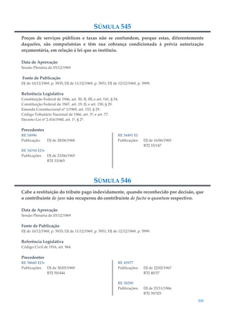 308
SÚMULA 545
Preços de serviços públicos e taxas não se confundem, porque estas, diferentemente
daqueles, são compulsórias e têm sua cobrança condicionada à prévia autorização
orçamentária, em relação à lei que as instituiu.
Data de Aprovação
Sessão Plenária de 03/12/1969
Fonte de Publicação
DJ de 10/12/1969, p. 5935; DJ de 11/12/1969, p. 5951; DJ de 12/12/1969, p. 5999.
Referência Legislativa
Constituição Federal de 1946, art. 30, II, III; e art. 141, § 34.
Constituição Federal de 1967, art. 19, II; e art. 150, § 29.
Emenda Constitucional nº 1/1969, art. 153, § 29.
Código Tributário Nacional de 1966, art. 3º; e art. 77.
Decreto-Lei nº 2.416/1940, art. 1º, § 2º.
Precedentes
RE 54996
Publicação: DJ de 28/06/1968
RE 54194 EDv
Publicações: DJ de 23/06/1965
RTJ 33/465
RE 54491 EI
Publicações: DJ de 16/06/1965
RTJ 33/147
SÚMULA 546
Cabe a restituição do tributo pago indevidamente, quando reconhecido por decisão, que
o contribuinte de jure não recuperou do contribuinte de facto o quantum respectivo.
Data de Aprovação
Sessão Plenária de 03/12/1969
Fonte de Publicação
DJ de 10/12/1969, p. 5935; DJ de 11/12/1969, p. 5951; DJ de 12/12/1969, p. 5999.
Referência Legislativa
Código Civil de 1916, art. 964.
Precedentes
RE 58660 EDv
Publicações: DJ de 30/05/1969
RTJ 50/444
RE 45977
Publicações: DJ de 22/02/1967
RTJ 40/37
RE 58290
Publicações: DJ de 23/11/1966
RTJ 39/325
 