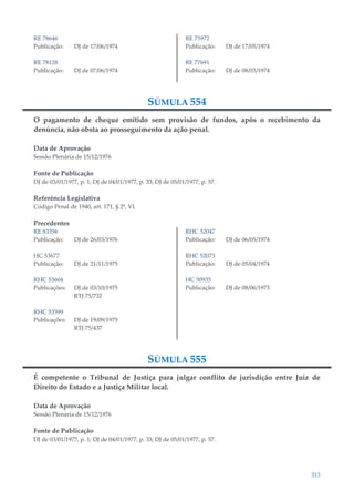 313
RE 78646
Publicação: DJ de 17/06/1974
RE 78128
Publicação: DJ de 07/06/1974
RE 75972
Publicação: DJ de 17/05/1974
RE 77691
Publicação: DJ de 08/03/1974
SÚMULA 554
O pagamento de cheque emitido sem provisão de fundos, após o recebimento da
denúncia, não obsta ao prosseguimento da ação penal.
Data de Aprovação
Sessão Plenária de 15/12/1976
Fonte de Publicação
DJ de 03/01/1977, p. 1; DJ de 04/01/1977, p. 33; DJ de 05/01/1977, p. 57.
Referência Legislativa
Código Penal de 1940, art. 171, § 2º, VI.
Precedentes
RE 83356
Publicação: DJ de 26/03/1976
HC 53677
Publicação: DJ de 21/11/1975
RHC 53604
Publicações: DJ de 03/10/1975
RTJ 75/732
RHC 53599
Publicações: DJ de 19/09/1975
RTJ 75/437
RHC 52047
Publicação: DJ de 06/05/1974
RHC 52073
Publicação: DJ de 05/04/1974
HC 50935
Publicação: DJ de 08/06/1973
SÚMULA 555
É competente o Tribunal de Justiça para julgar conflito de jurisdição entre Juiz de
Direito do Estado e a Justiça Militar local.
Data de Aprovação
Sessão Plenária de 15/12/1976
Fonte de Publicação
DJ de 03/01/1977, p. 1; DJ de 04/01/1977, p. 33; DJ de 05/01/1977, p. 57.
 