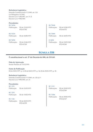 315
Referência Legislativa
Emenda Constitucional nº 1/1969, art. 110.
Lei Delegada nº 6/1962.
Decreto-Lei nº 200/1967, art. 5º, II.
Decreto-Lei nº 900/1969.
Precedentes
RE 74294
Publicações: DJ de 15/10/1973
RTJ 67/782
RE 75276
Publicação: DJ de 24/08/1973
RE 74296
Publicações: DJ de 01/06/1973
RTJ 65/769
RE 75698
Publicações: DJ de 01/06/1973
RTJ 66/572
RE 73089
Publicação: DJ de 26/05/1972
CJ 4696
Publicações: DJ de 23/05/1969
RTJ 49/569
SÚMULA 558
É constitucional o art. 27 do Decreto-lei 898, de 29.9.69.
Data de Aprovação
Sessão Plenária de 15/12/1976
Fonte de Publicação
DJ de 03/01/1977, p. 2; DJ de 04/01/1977, p. 34; DJ de 05/01/1977, p. 58.
Referência Legislativa
Emenda Constitucional nº 1/1969, art. 129, § 1º.
Decreto-Lei nº 898/1969, art. 27.
Precedentes
RC 1231
Publicação: DJ de 21/03/1975
RC 1203
Publicação: DJ de 15/02/1974
RC 1146
Publicações: DJ de 02/03/1973
RTJ 64/299
RC 1119
Publicações: DJ de 22/09/1972
RTJ 62/569
RE 72486
Publicações: DJ de 29/06/1972
RTJ 62/167
 