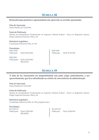 32
SÚMULA 38
Reclassificação posterior à aposentadoria não aproveita ao servidor aposentado.
Data de Aprovação
Sessão Plenária de 13/12/1963
Fonte de Publicação
Súmula da Jurisprudência Predominante do Supremo Tribunal Federal - Anexo ao Regimento Interno.
Edição: Imprensa Nacional, 1964, p. 46.
Referência Legislativa
Constituição Federal de 1946, art. 193.
Precedentes
RMS 10556
Publicação: DJ de 06/12/1962
RMS 9992
Publicações: DJ de 25/10/1962
RTJ 23/519
RMS 9208
Publicação: DJ de 07/12/1961
SÚMULA 39
À falta de lei, funcionário em disponibilidade não pode exigir, judicialmente, o seu
aproveitamento, que fica subordinado ao critério de conveniência da administração.
Data de Aprovação
Sessão Plenária de 13/12/1963
Fonte de Publicação
Súmula da Jurisprudência Predominante do Supremo Tribunal Federal - Anexo ao Regimento Interno.
Edição: Imprensa Nacional, 1964, p. 46.
Referência Legislativa
Constituição Federal de 1946, art. 189, parágrafo único.
Precedentes
RE 31245 EI
Publicações: DJ de 27/06/1963
RTJ 28/381
RE 32972 EI
Publicação: DJ de 13/04/1961
 