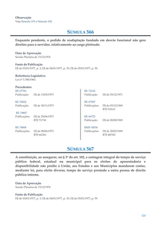 320
Observação
Veja Súmula 191 e Súmula 192.
SÚMULA 566
Enquanto pendente, o pedido de readaptação fundado em desvio funcional não gera
direitos para o servidor, relativamente ao cargo pleiteado.
Data de Aprovação
Sessão Plenária de 15/12/1976
Fonte de Publicação
DJ de 03/01/1977, p. 3; DJ de 04/01/1977, p. 35; DJ de 05/01/1977, p. 59.
Referência Legislativa
Lei nº 3.780/1960.
Precedentes
RE 67783
Publicação: DJ de 15/05/1975
RE 76824
Publicação: DJ de 30/11/1973
RE 74807
Publicações: DJ de 29/06/1973
RTJ 71/741
RE 74808
Publicações: DJ de 08/06/1973
RTJ 66/261
RE 72418
Publicação: DJ de 03/12/1971
RE 67907
Publicações: DJ de 05/12/1969
RTJ 53/611
RE 66725
Publicação: DJ de 08/08/1969
RMS 18034
Publicações: DJ de 28/03/1969
RTJ 48/543
SÚMULA 567
A constituição, ao assegurar, no § 3º do art. 102, a contagem integral do tempo de serviço
público federal, estadual ou municipal para os efeitos de aposentadoria e
disponibilidade não proíbe à União, aos Estados e aos Municípios mandarem contar,
mediante lei, para efeito diverso, tempo de serviço prestado a outra pessoa de direito
público interno.
Data de Aprovação
Sessão Plenária de 15/12/1976
Fonte de Publicação
DJ de 03/01/1977, p. 3; DJ de 04/01/1977, p. 35; DJ de 05/01/1977, p. 59.
 