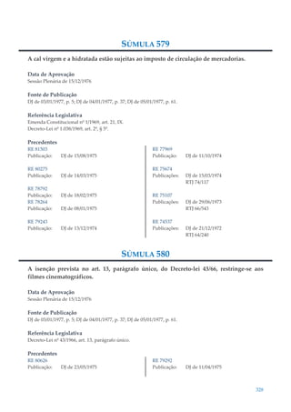 328
SÚMULA 579
A cal virgem e a hidratada estão sujeitas ao imposto de circulação de mercadorias.
Data de Aprovação
Sessão Plenária de 15/12/1976
Fonte de Publicação
DJ de 03/01/1977, p. 5; DJ de 04/01/1977, p. 37; DJ de 05/01/1977, p. 61.
Referência Legislativa
Emenda Constitucional nº 1/1969, art. 21, IX.
Decreto-Lei nº 1.038/1969, art. 2º, § 5º.
Precedentes
RE 81503
Publicação: DJ de 15/08/1975
RE 80275
Publicação: DJ de 14/03/1975
RE 78792
Publicação: DJ de 18/02/1975
RE 78264
Publicação: DJ de 08/01/1975
RE 79243
Publicação: DJ de 13/12/1974
RE 77969
Publicação: DJ de 11/10/1974
RE 75674
Publicações: DJ de 15/03/1974
RTJ 74/117
RE 75107
Publicações: DJ de 29/06/1973
RTJ 66/543
RE 74537
Publicações: DJ de 21/12/1972
RTJ 64/240
SÚMULA 580
A isenção prevista no art. 13, parágrafo único, do Decreto-lei 43/66, restringe-se aos
filmes cinematográficos.
Data de Aprovação
Sessão Plenária de 15/12/1976
Fonte de Publicação
DJ de 03/01/1977, p. 5; DJ de 04/01/1977, p. 37; DJ de 05/01/1977, p. 61.
Referência Legislativa
Decreto-Lei nº 43/1966, art. 13, parágrafo único.
Precedentes
RE 80626
Publicação: DJ de 23/05/1975
RE 79292
Publicação: DJ de 11/04/1975
 