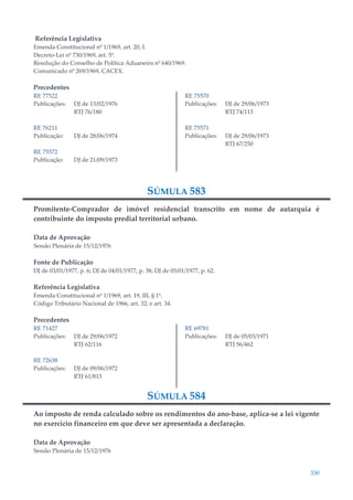 330
Referência Legislativa
Emenda Constitucional nº 1/1969, art. 20, I.
Decreto-Lei nº 730/1969, art. 5º.
Resolução do Conselho de Política Aduaneira nº 640/1969.
Comunicado nº 269/1969, CACEX.
Precedentes
RE 77522
Publicações: DJ de 13/02/1976
RTJ 76/180
RE 76211
Publicação: DJ de 28/06/1974
RE 75572
Publicação: DJ de 21/09/1973
RE 75570
Publicações: DJ de 29/06/1973
RTJ 74/113
RE 75571
Publicações: DJ de 29/06/1973
RTJ 67/250
SÚMULA 583
Promitente-Comprador de imóvel residencial transcrito em nome de autarquia é
contribuinte do imposto predial territorial urbano.
Data de Aprovação
Sessão Plenária de 15/12/1976
Fonte de Publicação
DJ de 03/01/1977, p. 6; DJ de 04/01/1977, p. 38; DJ de 05/01/1977, p. 62.
Referência Legislativa
Emenda Constitucional nº 1/1969, art. 19, III, § 1º.
Código Tributário Nacional de 1966, art. 32; e art. 34.
Precedentes
RE 71427
Publicações: DJ de 29/06/1972
RTJ 62/116
RE 72638
Publicações: DJ de 09/06/1972
RTJ 61/813
RE 69781
Publicações: DJ de 05/03/1971
RTJ 56/462
SÚMULA 584
Ao imposto de renda calculado sobre os rendimentos do ano-base, aplica-se a lei vigente
no exercício financeiro em que deve ser apresentada a declaração.
Data de Aprovação
Sessão Plenária de 15/12/1976
 