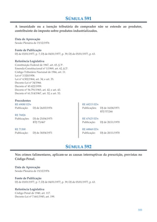 335
SÚMULA 591
A imunidade ou a isenção tributária do comprador não se estende ao produtor,
contribuinte do imposto sobre produtos industrializados.
Data de Aprovação
Sessão Plenária de 15/12/1976
Fonte de Publicação
DJ de 03/01/1977, p. 7; DJ de 04/01/1977, p. 39; DJ de 05/01/1977, p. 63.
Referência Legislativa
Constituição Federal de 1967, art. 65, § 3º.
Emenda Constitucional nº 1/1969, art. 62, § 2º.
Código Tributário Nacional de 1966, art. 11.
Lei nº 3.520/1958.
Lei nº 4.502/1964, art. 34; e art. 35.
Decreto-Lei nº 34/1966.
Decreto nº 45.422/1959.
Decreto nº 56.791/1965, art. 42; e art. 43.
Decreto nº 61.514/1967, art. 52; e art. 53.
Precedentes
RE 69080 EDv
Publicação: DJ de 26/03/1976
RE 76826
Publicações: DJ de 25/04/1975
RTJ 73/467
RE 71300
Publicação: DJ de 30/04/1971
RE 68215 EDv
Publicações: DJ de 16/04/1971
RTJ 57/244
RE 67625 EDv
Publicação: DJ de 20/11/1970
RE 68868 EDv
Publicação: DJ de 20/11/1970
SÚMULA 592
Nos crimes falimentares, aplicam-se as causas interruptivas da prescrição, previstas no
Código Penal.
Data de Aprovação
Sessão Plenária de 15/12/1976
Fonte de Publicação
DJ de 03/01/1977, p. 7; DJ de 04/01/1977, p. 39; DJ de 05/01/1977, p. 63.
Referência Legislativa
Código Penal de 1940, art. 117.
Decreto-Lei nº 7.661/1945, art. 199.
 