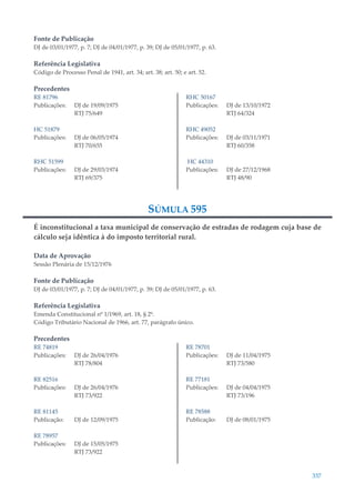 337
Fonte de Publicação
DJ de 03/01/1977, p. 7; DJ de 04/01/1977, p. 39; DJ de 05/01/1977, p. 63.
Referência Legislativa
Código de Processo Penal de 1941, art. 34; art. 38; art. 50; e art. 52.
Precedentes
RE 81796
Publicações: DJ de 19/09/1975
RTJ 75/649
HC 51879
Publicações: DJ de 06/05/1974
RTJ 70/655
RHC 51599
Publicações: DJ de 29/03/1974
RTJ 69/375
RHC 50167
Publicações: DJ de 13/10/1972
RTJ 64/324
RHC 49052
Publicações: DJ de 03/11/1971
RTJ 60/358
HC 44310
Publicações: DJ de 27/12/1968
RTJ 48/90
SÚMULA 595
É inconstitucional a taxa municipal de conservação de estradas de rodagem cuja base de
cálculo seja idêntica à do imposto territorial rural.
Data de Aprovação
Sessão Plenária de 15/12/1976
Fonte de Publicação
DJ de 03/01/1977, p. 7; DJ de 04/01/1977, p. 39; DJ de 05/01/1977, p. 63.
Referência Legislativa
Emenda Constitucional nº 1/1969, art. 18, § 2º.
Código Tributário Nacional de 1966, art. 77, parágrafo único.
Precedentes
RE 74819
Publicações: DJ de 26/04/1976
RTJ 78/804
RE 82516
Publicações: DJ de 26/04/1976
RTJ 73/922
RE 81145
Publicação: DJ de 12/09/1975
RE 78957
Publicações: DJ de 15/05/1975
RTJ 73/922
RE 78701
Publicações: DJ de 11/04/1975
RTJ 73/580
RE 77181
Publicações: DJ de 04/04/1975
RTJ 73/196
RE 78588
Publicação: DJ de 08/01/1975
 