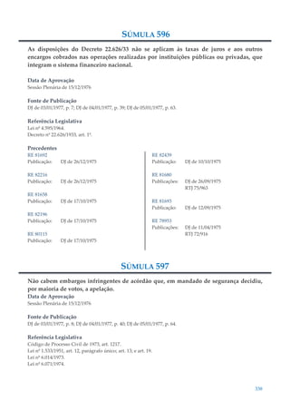 338
SÚMULA 596
As disposições do Decreto 22.626/33 não se aplicam às taxas de juros e aos outros
encargos cobrados nas operações realizadas por instituições públicas ou privadas, que
integram o sistema financeiro nacional.
Data de Aprovação
Sessão Plenária de 15/12/1976
Fonte de Publicação
DJ de 03/01/1977, p. 7; DJ de 04/01/1977, p. 39; DJ de 05/01/1977, p. 63.
Referência Legislativa
Lei nº 4.595/1964.
Decreto nº 22.626/1933, art. 1º.
Precedentes
RE 81692
Publicação: DJ de 26/12/1975
RE 82216
Publicação: DJ de 26/12/1975
RE 81658
Publicação: DJ de 17/10/1975
RE 82196
Publicação: DJ de 17/10/1975
RE 80115
Publicação: DJ de 17/10/1975
RE 82439
Publicação: DJ de 10/10/1975
RE 81680
Publicações: DJ de 26/09/1975
RTJ 75/963
RE 81693
Publicação: DJ de 12/09/1975
RE 78953
Publicações: DJ de 11/04/1975
RTJ 72/916
SÚMULA 597
Não cabem embargos infringentes de acórdão que, em mandado de segurança decidiu,
por maioria de votos, a apelação.
Data de Aprovação
Sessão Plenária de 15/12/1976
Fonte de Publicação
DJ de 03/01/1977, p. 8; DJ de 04/01/1977, p. 40; DJ de 05/01/1977, p. 64.
Referência Legislativa
Código de Processo Civil de 1973, art. 1217.
Lei nº 1.533/1951, art. 12, parágrafo único; art. 13; e art. 19.
Lei nº 6.014/1973.
Lei nº 6.071/1974.
 
