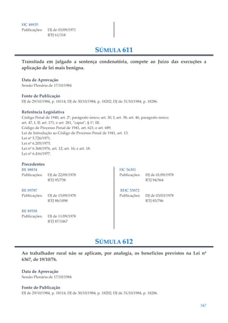347
HC 48935
Publicações: DJ de 03/09/1971
RTJ 61/318
SÚMULA 611
Transitada em julgado a sentença condenatória, compete ao Juízo das execuções a
aplicação de lei mais benigna.
Data de Aprovação
Sessão Plenária de 17/10/1984
Fonte de Publicação
DJ de 29/10/1984, p. 18114; DJ de 30/10/1984, p. 18202; DJ de 31/10/1984, p. 18286.
Referência Legislativa
Código Penal de 1940, art. 2º, parágrafo único; art. 30, I; art. 38; art. 46, parágrafo único;
art. 47, I, II; art. 171; e art. 281, "caput", § 1º, III.
Código de Processo Penal de 1941, art. 621; e art. 689.
Lei de Introdução ao Código de Processo Penal de 1941, art. 13.
Lei nº 5.726/1971.
Lei nº 6.205/1975.
Lei nº 6.368/1976, art. 12; art. 16; e art. 18.
Lei nº 6.416/1977.
Precedentes
RE 88834
Publicações: DJ de 22/09/1978
RTJ 95/758
RE 89787
Publicações: DJ de 15/09/1978
RTJ 88/1098
RE 89558
Publicações: DJ de 11/09/1978
RTJ 87/1067
HC 56301
Publicações: DJ de 01/09/1978
RTJ 94/564
RHC 55872
Publicações: DJ de 03/03/1978
RTJ 85/786
SÚMULA 612
Ao trabalhador rural não se aplicam, por analogia, os benefícios previstos na Lei nº
6367, de 19/10/76.
Data de Aprovação
Sessão Plenária de 17/10/1984
Fonte de Publicação
DJ de 29/10/1984, p. 18114; DJ de 30/10/1984, p. 18202; DJ de 31/10/1984, p. 18286.
 