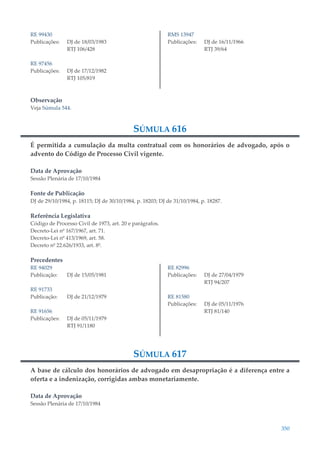 350
RE 99430
Publicações: DJ de 18/03/1983
RTJ 106/428
RE 97456
Publicações: DJ de 17/12/1982
RTJ 105/819
RMS 13947
Publicações: DJ de 16/11/1966
RTJ 39/64
Observação
Veja Súmula 544.
SÚMULA 616
É permitida a cumulação da multa contratual com os honorários de advogado, após o
advento do Código de Processo Civil vigente.
Data de Aprovação
Sessão Plenária de 17/10/1984
Fonte de Publicação
DJ de 29/10/1984, p. 18115; DJ de 30/10/1984, p. 18203; DJ de 31/10/1984, p. 18287.
Referência Legislativa
Código de Processo Civil de 1973, art. 20 e parágrafos.
Decreto-Lei nº 167/1967, art. 71.
Decreto-Lei nº 413/1969, art. 58.
Decreto nº 22.626/1933, art. 8º.
Precedentes
RE 94029
Publicação: DJ de 15/05/1981
RE 91733
Publicação: DJ de 21/12/1979
RE 91656
Publicações: DJ de 05/11/1979
RTJ 91/1180
RE 82996
Publicações: DJ de 27/04/1979
RTJ 94/207
RE 81580
Publicações: DJ de 05/11/1976
RTJ 81/140
SÚMULA 617
A base de cálculo dos honorários de advogado em desapropriação é a diferença entre a
oferta e a indenização, corrigidas ambas monetariamente.
Data de Aprovação
Sessão Plenária de 17/10/1984
 