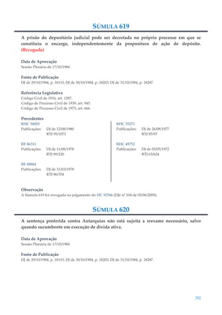 352
SÚMULA 619
A prisão do depositário judicial pode ser decretada no próprio processo em que se
constituiu o encargo, independentemente da propositura de ação de depósito.
(Revogada)
Data de Aprovação
Sessão Plenária de 17/10/1984
Fonte de Publicação
DJ de 29/10/1984, p. 18115; DJ de 30/10/1984, p. 18203; DJ de 31/10/1984, p. 18287.
Referência Legislativa
Código Civil de 1916, art. 1287.
Código de Processo Civil de 1939, art. 945.
Código de Processo Civil de 1973, art. 666.
Precedentes
RHC 58005
Publicações: DJ de 12/08/1980
RTJ 95/1073
RE 86311
Publicações: DJ de 11/08/1978
RTJ 89/220
RE 88884
Publicações: DJ de 31/03/1978
RTJ 86/354
RHC 55271
Publicações: DJ de 26/08/1977
RTJ 85/97
RHC 49752
Publicações: DJ de 05/05/1972
RTJ 63/624
Observação
A Súmula 619 foi revogada no julgamento do HC 92566 (DJe nº 104 de 05/06/2009).
SÚMULA 620
A sentença proferida contra Autarquias não está sujeita a reexame necessário, salvo
quando sucumbente em execução de dívida ativa.
Data de Aprovação
Sessão Plenária de 17/10/1984
Fonte de Publicação
DJ de 29/10/1984, p. 18115; DJ de 30/10/1984, p. 18203; DJ de 31/10/1984, p. 18287.
 
