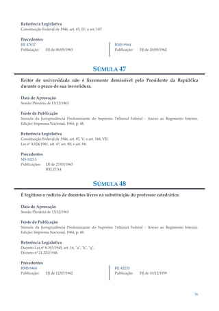 36
Referência Legislativa
Constituição Federal de 1946, art. 65, IV; e art. 187.
Precedentes
RE 47657
Publicação: DJ de 06/05/1963
RMS 9964
Publicação: DJ de 20/09/1962
SÚMULA 47
Reitor de universidade não é livremente demissível pelo Presidente da República
durante o prazo de sua investidura.
Data de Aprovação
Sessão Plenária de 13/12/1963
Fonte de Publicação
Súmula da Jurisprudência Predominante do Supremo Tribunal Federal - Anexo ao Regimento Interno.
Edição: Imprensa Nacional, 1964, p. 48.
Referência Legislativa
Constituição Federal de 1946, art. 87, V; e art. 168, VII.
Lei nº 4.024/1961, art. 6º; art. 80; e art. 84.
Precedentes
MS 10213
Publicações: DJ de 27/03/1963
RTJ 27/14
SÚMULA 48
É legítimo o rodízio de docentes livres na substituição do professor catedrático.
Data de Aprovação
Sessão Plenária de 13/12/1963
Fonte de Publicação
Súmula da Jurisprudência Predominante do Supremo Tribunal Federal - Anexo ao Regimento Interno.
Edição: Imprensa Nacional, 1964, p. 49.
Referência Legislativa
Decreto-Lei nº 8.393/1945, art. 16, "a", "k", "q".
Decreto nº 21.321/1946.
Precedentes
RMS 8460
Publicação: DJ de 12/07/1962
RE 42235
Publicação: DJ de 10/12/1959
 