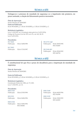 360
SÚMULA 631
Extingue-se o processo de mandado de segurança se o impetrante não promove, no
prazo assinado, a citação do litisconsorte passivo necessário.
Data de Aprovação
Sessão Plenária de 24/09/2003
Fonte de Publicação
DJ de 09/10/2003, p. 1; DJ de 10/10/2003, p. 1; DJ de 13/10/2003, p. 2.
Referência Legislativa
Lei nº 1.533/1951, art. 19 (redação dada pela Lei nº 6.071/1974).
Código de Processo Civil de 1973, art. 47; e art. 267, III, IV.
Lei nº 6.071/1974.
Precedentes
HC 76660
Publicação: DJ de 14/08/1998
HC 75853
Publicação: DJ de 17/10/1997
MS 21753 AgR
Publicações: DJ de 20/05/1994
RTJ 154/487
MS 21496 QO
Publicações: DJ de 02/04/1993
RTJ 148/724
SÚMULA 632
É constitucional lei que fixa o prazo de decadência para a impetração de mandado de
segurança.
Data de Aprovação
Sessão Plenária de 24/09/2003
Fonte de Publicação
DJ de 09/10/2003, p. 2; DJ de 10/10/2003, p. 2; DJ de 13/10/2003, p. 2.
Referência Legislativa
Constituição Federal de 1988, art. 5º, LXIX.
Lei nº 1.533/1951, art. 18.
Precedentes
RMS 21503
Publicação: DJ de 27/03/1998
MS 21743
Publicação: DJ de 24/06/1994
RMS 21504
Publicações: DJ de 10/06/1994
RTJ 158/846
RMS 21480
Publicações: DJ de 04/02/1994
RTJ 156/506
RMS 21387
Publicações: DJ de 19/02/1993
RTJ 143/853
 