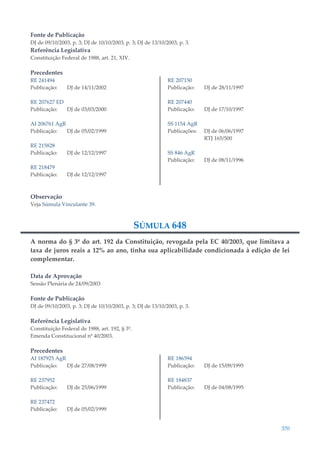 370
Fonte de Publicação
DJ de 09/10/2003, p. 3; DJ de 10/10/2003, p. 3; DJ de 13/10/2003, p. 3.
Referência Legislativa
Constituição Federal de 1988, art. 21, XIV.
Precedentes
RE 241494
Publicação: DJ de 14/11/2002
RE 207627 ED
Publicação: DJ de 03/03/2000
AI 206761 AgR
Publicação: DJ de 05/02/1999
RE 215828
Publicação: DJ de 12/12/1997
RE 218479
Publicação: DJ de 12/12/1997
RE 207150
Publicação: DJ de 28/11/1997
RE 207440
Publicação: DJ de 17/10/1997
SS 1154 AgR
Publicações: DJ de 06/06/1997
RTJ 165/500
SS 846 AgR
Publicação: DJ de 08/11/1996
Observação
Veja Súmula Vinculante 39.
SÚMULA 648
A norma do § 3º do art. 192 da Constituição, revogada pela EC 40/2003, que limitava a
taxa de juros reais a 12% ao ano, tinha sua aplicabilidade condicionada à edição de lei
complementar.
Data de Aprovação
Sessão Plenária de 24/09/2003
Fonte de Publicação
DJ de 09/10/2003, p. 3; DJ de 10/10/2003, p. 3; DJ de 13/10/2003, p. 3.
Referência Legislativa
Constituição Federal de 1988, art. 192, § 3º.
Emenda Constitucional nº 40/2003.
Precedentes
AI 187925 AgR
Publicação: DJ de 27/08/1999
RE 237952
Publicação: DJ de 25/06/1999
RE 237472
Publicação: DJ de 05/02/1999
RE 186594
Publicação: DJ de 15/09/1995
RE 184837
Publicação: DJ de 04/08/1995
 