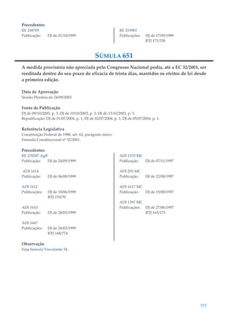 372
Precedentes
RE 249705
Publicação: DJ de 01/10/1999
RE 219983
Publicações: DJ de 17/09/1999
RTJ 171/338
SÚMULA 651
A medida provisória não apreciada pelo Congresso Nacional podia, até a EC 32/2001, ser
reeditada dentro do seu prazo de eficácia de trinta dias, mantidos os efeitos de lei desde
a primeira edição.
Data de Aprovação
Sessão Plenária de 24/09/2003
Fonte de Publicação
DJ de 09/10/2003, p. 3; DJ de 10/10/2003, p. 3; DJ de 13/10/2003, p. 3.
Republicação: DJ de 01/07/2004, p. 1; DJ de 02/07/2004, p. 1; DJ de 05/07/2004, p. 1.
Referência Legislativa
Constituição Federal de 1988, art. 62, parágrafo único.
Emenda Constitucional nº 32/2001.
Precedentes
RE 239287 AgR
Publicação: DJ de 24/09/1999
ADI 1614
Publicação: DJ de 06/08/1999
ADI 1612
Publicações: DJ de 18/06/1999
RTJ 170/70
ADI 1610
Publicação: DJ de 28/05/1999
ADI 1647
Publicações: DJ de 26/03/1999
RTJ 168/774
ADI 1533 MC
Publicação: DJ de 07/11/1997
ADI 295 MC
Publicação: DJ de 22/08/1997
ADI 1617 MC
Publicação: DJ de 15/08/1997
ADI 1397 MC
Publicações: DJ de 27/06/1997
RTJ 165/173
Observação
Veja Súmula Vinculante 54.
 