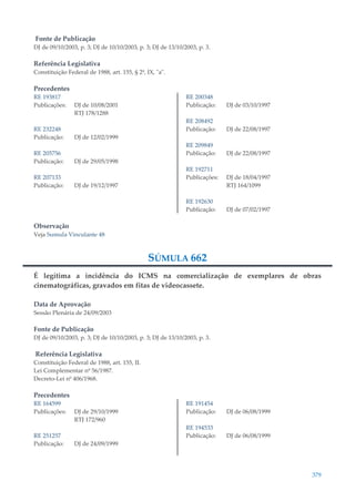 379
Fonte de Publicação
DJ de 09/10/2003, p. 3; DJ de 10/10/2003, p. 3; DJ de 13/10/2003, p. 3.
Referência Legislativa
Constituição Federal de 1988, art. 155, § 2º, IX, "a".
Precedentes
RE 193817
Publicações: DJ de 10/08/2001
RTJ 178/1288
RE 232248
Publicação: DJ de 12/02/1999
RE 205756
Publicação: DJ de 29/05/1998
RE 207133
Publicação: DJ de 19/12/1997
RE 200348
Publicação: DJ de 03/10/1997
RE 208492
Publicação: DJ de 22/08/1997
RE 209849
Publicação: DJ de 22/08/1997
RE 192711
Publicações: DJ de 18/04/1997
RTJ 164/1099
RE 192630
Publicação: DJ de 07/02/1997
Observação
Veja Sumula Vinculante 48
SÚMULA 662
É legítima a incidência do ICMS na comercialização de exemplares de obras
cinematográficas, gravados em fitas de videocassete.
Data de Aprovação
Sessão Plenária de 24/09/2003
Fonte de Publicação
DJ de 09/10/2003, p. 3; DJ de 10/10/2003, p. 3; DJ de 13/10/2003, p. 3.
Referência Legislativa
Constituição Federal de 1988, art. 155, II.
Lei Complementar nº 56/1987.
Decreto-Lei nº 406/1968.
Precedentes
RE 164599
Publicações: DJ de 29/10/1999
RTJ 172/960
RE 251257
Publicação: DJ de 24/09/1999
RE 191454
Publicação: DJ de 06/08/1999
RE 194533
Publicação: DJ de 06/08/1999
 