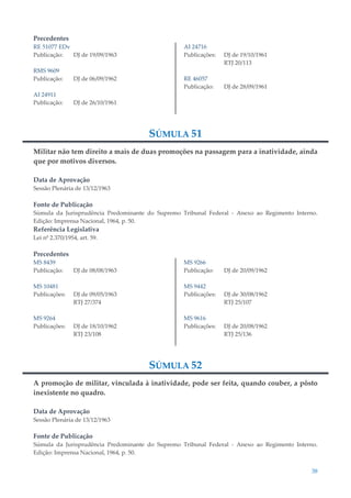 38
Precedentes
RE 51077 EDv
Publicação: DJ de 19/09/1963
RMS 9609
Publicação: DJ de 06/09/1962
AI 24911
Publicação: DJ de 26/10/1961
AI 24716
Publicações: DJ de 19/10/1961
RTJ 20/113
RE 46057
Publicação: DJ de 28/09/1961
SÚMULA 51
Militar não tem direito a mais de duas promoções na passagem para a inatividade, ainda
que por motivos diversos.
Data de Aprovação
Sessão Plenária de 13/12/1963
Fonte de Publicação
Súmula da Jurisprudência Predominante do Supremo Tribunal Federal - Anexo ao Regimento Interno.
Edição: Imprensa Nacional, 1964, p. 50.
Referência Legislativa
Lei nº 2.370/1954, art. 59.
Precedentes
MS 8439
Publicação: DJ de 08/08/1963
MS 10481
Publicações: DJ de 09/05/1963
RTJ 27/374
MS 9264
Publicações: DJ de 18/10/1962
RTJ 23/108
MS 9266
Publicação: DJ de 20/09/1962
MS 9442
Publicações: DJ de 30/08/1962
RTJ 25/107
MS 9616
Publicações: DJ de 20/08/1962
RTJ 25/136
SÚMULA 52
A promoção de militar, vinculada à inatividade, pode ser feita, quando couber, a pôsto
inexistente no quadro.
Data de Aprovação
Sessão Plenária de 13/12/1963
Fonte de Publicação
Súmula da Jurisprudência Predominante do Supremo Tribunal Federal - Anexo ao Regimento Interno.
Edição: Imprensa Nacional, 1964, p. 50.
 