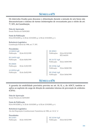 388
SÚMULA 675
Os intervalos fixados para descanso e alimentação durante a jornada de seis horas não
descaracterizam o sistema de turnos ininterruptos de revezamento para o efeito do art.
7º, XIV, da Constituição.
Data de Aprovação
Sessão Plenária de 24/09/2003
Fonte de Publicação
DJ de 09/10/2003, p. 4; DJ de 10/10/2003, p. 4; DJ de 13/10/2003, p. 4.
Referência Legislativa
Constituição Federal de 1988, art. 7º, XIV.
Precedentes
AI 240418 AgR
Publicação: DJ de 03/12/1999
RE 216979 AgR
Publicação: DJ de 04/06/1999
RE 208458
Publicação: DJ de 21/05/1999
AI 185254 AgR
Publicação: DJ de 26/02/1999
RE 205815
Publicações: DJ de 02/10/1998
RTJ 166/674
RE 211727 AgR
Publicação: DJ de 18/09/1998
RE 215946 AgR
Publicação: DJ de 28/08/1998
RE 215642 AgR
Publicação: DJ de 24/04/1998
SÚMULA 676
A garantia da estabilidade provisória prevista no art. 10, II, a, do ADCT, também se
aplica ao suplente do cargo de direção de comissões internas de prevenção de acidentes
(CIPA).
Data de Aprovação
Sessão Plenária de 24/09/2003
Fonte de Publicação
DJ de 09/10/2003, p. 4; DJ de 10/10/2003, p. 4; DJ de 13/10/2003, p. 4.
Referência Legislativa
Ato das Disposições Constitucionais Transitórias de 1988, art. 10, II, "a".
Precedentes
RE 213473
Publicação: DJ de 19/03/1999
RE 212169 AgR
Publicação: DJ de 04/12/1998
 