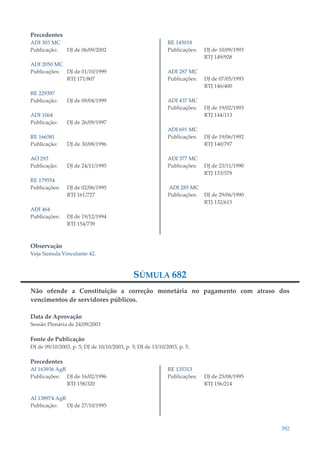 392
Precedentes
ADI 303 MC
Publicação: DJ de 06/09/2002
ADI 2050 MC
Publicações: DJ de 01/10/1999
RTJ 171/807
RE 229397
Publicação: DJ de 09/04/1999
ADI 1064
Publicação: DJ de 26/09/1997
RE 166581
Publicação: DJ de 30/08/1996
AO 293
Publicação: DJ de 24/11/1995
RE 179554
Publicações: DJ de 02/06/1995
RTJ 161/727
ADI 464
Publicações: DJ de 19/12/1994
RTJ 154/739
RE 145018
Publicações: DJ de 10/09/1993
RTJ 149/928
ADI 287 MC
Publicações: DJ de 07/05/1993
RTJ 146/400
ADI 437 MC
Publicações: DJ de 19/02/1993
RTJ 144/113
ADI 691 MC
Publicações: DJ de 19/06/1992
RTJ 140/797
ADI 377 MC
Publicações: DJ de 23/11/1990
RTJ 133/578
ADI 285 MC
Publicações: DJ de 29/06/1990
RTJ 132/615
Observação
Veja Súmula Vinculante 42.
SÚMULA 682
Não ofende a Constituição a correção monetária no pagamento com atraso dos
vencimentos de servidores públicos.
Data de Aprovação
Sessão Plenária de 24/09/2003
Fonte de Publicação
DJ de 09/10/2003, p. 5; DJ de 10/10/2003, p. 5; DJ de 13/10/2003, p. 5.
Precedentes
AI 163936 AgR
Publicações: DJ de 16/02/1996
RTJ 158/320
AI 138974 AgR
Publicação: DJ de 27/10/1995
RE 135313
Publicações: DJ de 25/08/1995
RTJ 156/214
 