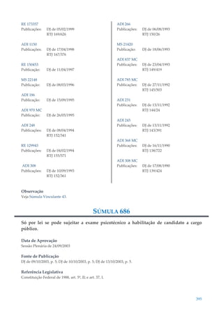 395
RE 173357
Publicações: DJ de 05/02/1999
RTJ 169/626
ADI 1150
Publicações: DJ de 17/04/1998
RTJ 167/376
RE 150453
Publicação: DJ de 11/04/1997
MS 22148
Publicação: DJ de 08/03/1996
ADI 186
Publicação: DJ de 15/09/1995
ADI 970 MC
Publicação: DJ de 26/05/1995
ADI 248
Publicações: DJ de 08/04/1994
RTJ 152/341
RE 129943
Publicações: DJ de 04/02/1994
RTJ 155/571
ADI 308
Publicações: DJ de 10/09/1993
RTJ 152/361
ADI 266
Publicações: DJ de 06/08/1993
RTJ 150/26
MS 21420
Publicação: DJ de 18/06/1993
ADI 837 MC
Publicações: DJ de 23/04/1993
RTJ 149/419
ADI 785 MC
Publicações: DJ de 27/11/1992
RTJ 145/503
ADI 231
Publicações: DJ de 13/11/1992
RTJ 144/24
ADI 245
Publicações: DJ de 13/11/1992
RTJ 143/391
ADI 368 MC
Publicações: DJ de 16/11/1990
RTJ 138/722
ADI 308 MC
Publicações: DJ de 17/08/1990
RTJ 139/424
Observação
Veja Súmula Vinculante 43.
SÚMULA 686
Só por lei se pode sujeitar a exame psicotécnico a habilitação de candidato a cargo
público.
Data de Aprovação
Sessão Plenária de 24/09/2003
Fonte de Publicação
DJ de 09/10/2003, p. 5; DJ de 10/10/2003, p. 5; DJ de 13/10/2003, p. 5.
Referência Legislativa
Constituição Federal de 1988, art. 5º, II; e art. 37, I.
 