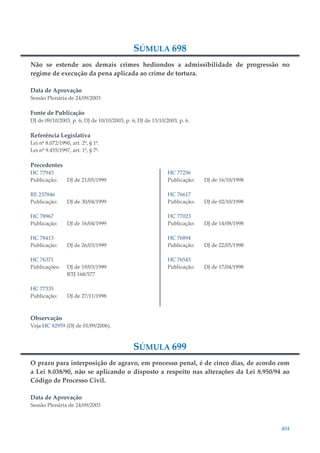 404
SÚMULA 698
Não se estende aos demais crimes hediondos a admissibilidade de progressão no
regime de execução da pena aplicada ao crime de tortura.
Data de Aprovação
Sessão Plenária de 24/09/2003
Fonte de Publicação
DJ de 09/10/2003, p. 6; DJ de 10/10/2003, p. 6; DJ de 13/10/2003, p. 6.
Referência Legislativa
Lei nº 8.072/1990, art. 2º, § 1º.
Lei nº 9.455/1997, art. 1º, § 7º.
Precedentes
HC 77943
Publicação: DJ de 21/05/1999
RE 237846
Publicação: DJ de 30/04/1999
HC 78967
Publicação: DJ de 16/04/1999
HC 78413
Publicação: DJ de 26/03/1999
HC 76371
Publicações: DJ de 19/03/1999
RTJ 168/577
HC 77335
Publicação: DJ de 27/11/1998
HC 77256
Publicação: DJ de 16/10/1998
HC 76617
Publicação: DJ de 02/10/1998
HC 77023
Publicação: DJ de 14/08/1998
HC 76894
Publicação: DJ de 22/05/1998
HC 76543
Publicação: DJ de 17/04/1998
Observação
Veja HC 82959 (DJ de 01/09/2006).
SÚMULA 699
O prazo para interposição de agravo, em processo penal, é de cinco dias, de acordo com
a Lei 8.038/90, não se aplicando o disposto a respeito nas alterações da Lei 8.950/94 ao
Código de Processo Civil.
Data de Aprovação
Sessão Plenária de 24/09/2003
 