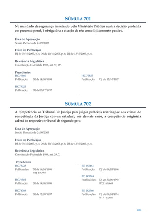 406
SÚMULA 701
No mandado de segurança impetrado pelo Ministério Público contra decisão proferida
em processo penal, é obrigatória a citação do réu como litisconsorte passivo.
Data de Aprovação
Sessão Plenária de 24/09/2003
Fonte de Publicação
DJ de 09/10/2003, p. 6; DJ de 10/10/2003, p. 6; DJ de 13/10/2003, p. 6.
Referência Legislativa
Constituição Federal de 1988, art. 5º, LV.
Precedentes
HC 76660
Publicação: DJ de 14/08/1998
HC 75025
Publicação: DJ de 05/12/1997
HC 75853
Publicação: DJ de 17/10/1997
SÚMULA 702
A competência do Tribunal de Justiça para julgar prefeitos restringe-se aos crimes de
competência da Justiça comum estadual; nos demais casos, a competência originária
caberá ao respectivo tribunal de segundo grau.
Data de Aprovação
Sessão Plenária de 24/09/2003
Fonte de Publicação
DJ de 09/10/2003, p. 6; DJ de 10/10/2003, p. 6; DJ de 13/10/2003, p. 6.
Referência Legislativa
Constituição Federal de 1988, art. 29, X.
Precedentes
HC 78728
Publicações: DJ de 16/04/1999
RTJ 168/986
HC 76881
Publicação: DJ de 14/08/1998
HC 74788
Publicação: DJ de 12/09/1997
RE 192461
Publicação: DJ de 08/03/1996
RE 149544
Publicações: DJ de 30/06/1995
RTJ 160/668
RE 162966
Publicações: DJ de 08/04/1994
RTJ 152/657
 