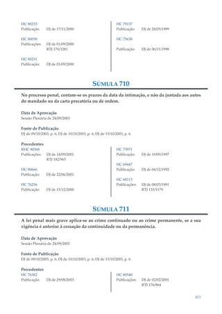 411
HC 80233
Publicação: DJ de 17/11/2000
HC 80058
Publicações: DJ de 01/09/2000
RTJ 176/1281
HC 80231
Publicação: DJ de 01/09/2000
HC 79137
Publicação: DJ de 28/05/1999
HC 75638
Publicação: DJ de 06/11/1998
SÚMULA 710
No processo penal, contam-se os prazos da data da intimação, e não da juntada aos autos
do mandado ou da carta precatória ou de ordem.
Data de Aprovação
Sessão Plenária de 24/09/2003
Fonte de Publicação
DJ de 09/10/2003, p. 6; DJ de 10/10/2003, p. 6; DJ de 13/10/2003, p. 6.
Precedentes
RHC 80568
Publicações: DJ de 14/09/2001
RTJ 182/965
HC 80666
Publicação: DJ de 22/06/2001
HC 76256
Publicação: DJ de 15/12/2000
HC 73971
Publicação: DJ de 19/09/1997
HC 69447
Publicação: DJ de 04/12/1992
HC 68113
Publicações: DJ de 08/03/1991
RTJ 133/1179
SÚMULA 711
A lei penal mais grave aplica-se ao crime continuado ou ao crime permanente, se a sua
vigência é anterior à cessação da continuidade ou da permanência.
Data de Aprovação
Sessão Plenária de 24/09/2003
Fonte de Publicação
DJ de 09/10/2003, p. 6; DJ de 10/10/2003, p. 6; DJ de 13/10/2003, p. 6.
Precedentes
HC 76382
Publicação: DJ de 29/08/2003
HC 80540
Publicações: DJ de 02/02/2001
RTJ 176/864
 
