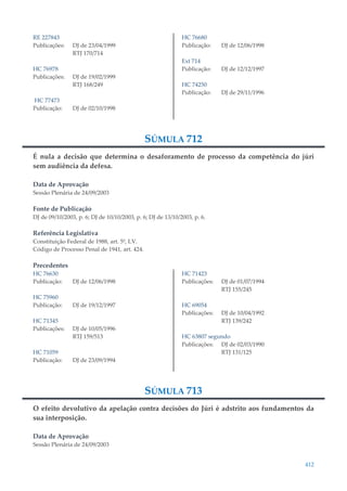 412
RE 227843
Publicações: DJ de 23/04/1999
RTJ 170/714
HC 76978
Publicações: DJ de 19/02/1999
RTJ 168/249
HC 77473
Publicação: DJ de 02/10/1998
HC 76680
Publicação: DJ de 12/06/1998
Ext 714
Publicação: DJ de 12/12/1997
HC 74250
Publicação: DJ de 29/11/1996
SÚMULA 712
É nula a decisão que determina o desaforamento de processo da competência do júri
sem audiência da defesa.
Data de Aprovação
Sessão Plenária de 24/09/2003
Fonte de Publicação
DJ de 09/10/2003, p. 6; DJ de 10/10/2003, p. 6; DJ de 13/10/2003, p. 6.
Referência Legislativa
Constituição Federal de 1988, art. 5º, LV.
Código de Processo Penal de 1941, art. 424.
Precedentes
HC 76630
Publicação: DJ de 12/06/1998
HC 75960
Publicação: DJ de 19/12/1997
HC 71345
Publicações: DJ de 10/05/1996
RTJ 159/513
HC 71059
Publicação: DJ de 23/09/1994
HC 71423
Publicações: DJ de 01/07/1994
RTJ 155/245
HC 69054
Publicações: DJ de 10/04/1992
RTJ 139/242
HC 63807 segundo
Publicações: DJ de 02/03/1990
RTJ 131/125
SÚMULA 713
O efeito devolutivo da apelação contra decisões do Júri é adstrito aos fundamentos da
sua interposição.
Data de Aprovação
Sessão Plenária de 24/09/2003
 