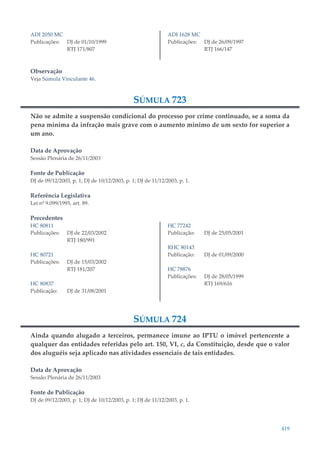 419
ADI 2050 MC
Publicações: DJ de 01/10/1999
RTJ 171/807
ADI 1628 MC
Publicações: DJ de 26/09/1997
RTJ 166/147
Observação
Veja Súmula Vinculante 46.
SÚMULA 723
Não se admite a suspensão condicional do processo por crime continuado, se a soma da
pena mínima da infração mais grave com o aumento mínimo de um sexto for superior a
um ano.
Data de Aprovação
Sessão Plenária de 26/11/2003
Fonte de Publicação
DJ de 09/12/2003, p. 1; DJ de 10/12/2003, p. 1; DJ de 11/12/2003, p. 1.
Referência Legislativa
Lei nº 9.099/1995, art. 89.
Precedentes
HC 80811
Publicações: DJ de 22/03/2002
RTJ 180/991
HC 80721
Publicações: DJ de 15/03/2002
RTJ 181/207
HC 80837
Publicação: DJ de 31/08/2001
HC 77242
Publicação: DJ de 25/05/2001
RHC 80143
Publicação: DJ de 01/09/2000
HC 78876
Publicações: DJ de 28/05/1999
RTJ 169/616
SÚMULA 724
Ainda quando alugado a terceiros, permanece imune ao IPTU o imóvel pertencente a
qualquer das entidades referidas pelo art. 150, VI, c, da Constituição, desde que o valor
dos aluguéis seja aplicado nas atividades essenciais de tais entidades.
Data de Aprovação
Sessão Plenária de 26/11/2003
Fonte de Publicação
DJ de 09/12/2003, p. 1; DJ de 10/12/2003, p. 1; DJ de 11/12/2003, p. 1.
 