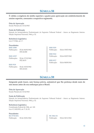 42
SÚMULA 58
É válida a exigência de média superior a quatro para aprovação em estabelecimento de
ensino superior, consoante o respectivo regimento.
Data de Aprovação
Sessão Plenária de 13/12/1963
Fonte de Publicação
Súmula da Jurisprudência Predominante do Supremo Tribunal Federal - Anexo ao Regimento Interno.
Edição: Imprensa Nacional, 1964, p. 52.
Referência Legislativa
Lei nº 7/1946, art. 1º.
Precedentes
RMS 10080
Publicações: DJ de 06/03/1963
RTJ 26/280
RMS 10557
Publicações: DJ de 17/12/1962
RTJ 26/51
RMS 9539
Publicações: DJ de 18/10/1962
RTJ 23/103
RMS 9295
Publicação: DJ de 19/07/1962
RMS 9543
Publicação: DJ de 02/07/1962
RMS 8317
Publicação: DJ de 08/09/1961
SÚMULA 59
Imigrante pode trazer, sem licença prévia, automóvel que lhe pertença desde mais de
seis meses antes do seu embarque para o Brasil.
Data de Aprovação
Sessão Plenária de 13/12/1963
Fonte de Publicação
Súmula da Jurisprudência Predominante do Supremo Tribunal Federal - Anexo ao Regimento Interno.
Edição: Imprensa Nacional, 1964, p. 52.
Referência Legislativa
Constituição Federal de 1946, art. 142.
Lei nº 2.145/1953, art. 7º, II, IV.
Precedentes
RE 37734 EDv
Publicação: DJ de 25/01/1962
RE 33461 EI
Publicação: DJ de 30/11/1961
 