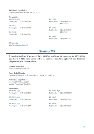 420
Referência Legislativa
Constituição Federal de 1988, art. 150, VI, "c".
Precedentes
RE 203248 AgR
Publicação: DJ de 25/10/2002
RE 235737
Publicação: DJ de 17/05/2002
RE 231928
Publicação: DJ de 14/12/2001
RE 217233
Publicações: DJ de 14/09/2001
RTJ 182/725
RE 237718
Publicações: DJ de 06/09/2001
RTJ 178/913
RE 286692
Publicação: DJ de 16/03/2001
Observação
Veja Súmula Vinculante 52.
SÚMULA 725
É constitucional o § 2º do art. 6º da L. 8.024/90, resultante da conversão da MPr 168/90,
que fixou o BTN fiscal como índice de correção monetária aplicável aos depósitos
bloqueados pelo Plano Collor I.
Data de Aprovação
Sessão Plenária de 26/11/2003
Fonte de Publicação
DJ de 09/12/2003, p. 1; DJ de 10/12/2003, p. 1; DJ de 11/12/2003, p. 1.
Referência Legislativa
Lei nº 8.024/1990, art. 6º, § 2º.
Medida Provisória nº 168/1990.
Precedentes
RE 256089 AgR
Publicação: DJ de 18/10/2002
RE 335539 AgR
Publicação: DJ de 23/08/2002
RE 241324 AgR
Publicação: DJ de 14/06/2002
RE 256303 AgR
Publicação: DJ de 31/05/2002
RE 264672
Publicação: DJ de 10/05/2002
RE 206048
Publicação: DJ de 19/10/2001
 