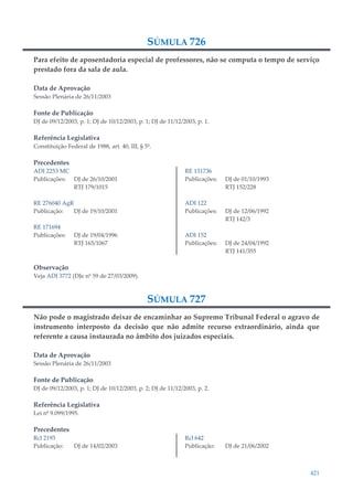 421
SÚMULA 726
Para efeito de aposentadoria especial de professores, não se computa o tempo de serviço
prestado fora da sala de aula.
Data de Aprovação
Sessão Plenária de 26/11/2003
Fonte de Publicação
DJ de 09/12/2003, p. 1; DJ de 10/12/2003, p. 1; DJ de 11/12/2003, p. 1.
Referência Legislativa
Constituição Federal de 1988, art. 40, III, § 5º.
Precedentes
ADI 2253 MC
Publicações: DJ de 26/10/2001
RTJ 179/1015
RE 276040 AgR
Publicação: DJ de 19/10/2001
RE 171694
Publicações: DJ de 19/04/1996
RTJ 165/1067
RE 131736
Publicações: DJ de 01/10/1993
RTJ 152/228
ADI 122
Publicações: DJ de 12/06/1992
RTJ 142/3
ADI 152
Publicações: DJ de 24/04/1992
RTJ 141/355
Observação
Veja ADI 3772 (DJe nº 59 de 27/03/2009).
SÚMULA 727
Não pode o magistrado deixar de encaminhar ao Supremo Tribunal Federal o agravo de
instrumento interposto da decisão que não admite recurso extraordinário, ainda que
referente a causa instaurada no âmbito dos juizados especiais.
Data de Aprovação
Sessão Plenária de 26/11/2003
Fonte de Publicação
DJ de 09/12/2003, p. 1; DJ de 10/12/2003, p. 2; DJ de 11/12/2003, p. 2.
Referência Legislativa
Lei nº 9.099/1995.
Precedentes
Rcl 2193
Publicação: DJ de 14/02/2003
Rcl 642
Publicação: DJ de 21/06/2002
 