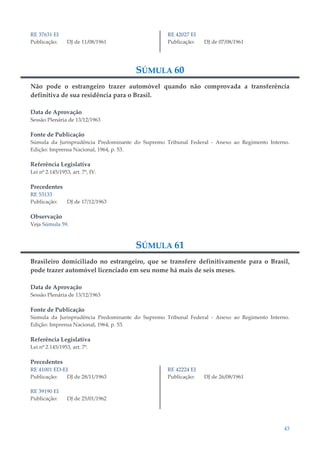 43
RE 37631 EI
Publicação: DJ de 11/08/1961
RE 42027 EI
Publicação: DJ de 07/08/1961
SÚMULA 60
Não pode o estrangeiro trazer automóvel quando não comprovada a transferência
definitiva de sua residência para o Brasil.
Data de Aprovação
Sessão Plenária de 13/12/1963
Fonte de Publicação
Súmula da Jurisprudência Predominante do Supremo Tribunal Federal - Anexo ao Regimento Interno.
Edição: Imprensa Nacional, 1964, p. 53.
Referência Legislativa
Lei nº 2.145/1953, art. 7º, IV.
Precedentes
RE 53133
Publicação: DJ de 17/12/1963
Observação
Veja Súmula 59.
SÚMULA 61
Brasileiro domiciliado no estrangeiro, que se transfere definitivamente para o Brasil,
pode trazer automóvel licenciado em seu nome há mais de seis meses.
Data de Aprovação
Sessão Plenária de 13/12/1963
Fonte de Publicação
Súmula da Jurisprudência Predominante do Supremo Tribunal Federal - Anexo ao Regimento Interno.
Edição: Imprensa Nacional, 1964, p. 53.
Referência Legislativa
Lei nº 2.145/1953, art. 7º.
Precedentes
RE 41001 ED-EI
Publicação: DJ de 28/11/1963
RE 39190 EI
Publicação: DJ de 25/01/1962
RE 42224 EI
Publicação: DJ de 26/08/1961
 